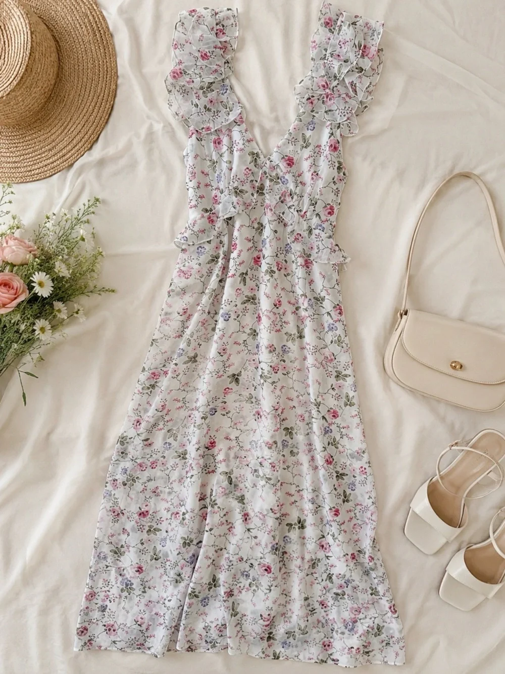 Audrey Parks Floral Ruffle V-Neck Maxi Dress in White with Pink & Green Print